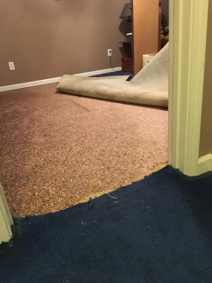 Carpet pad removal revealing water damage during Water Mitigation Services in Blacksburg